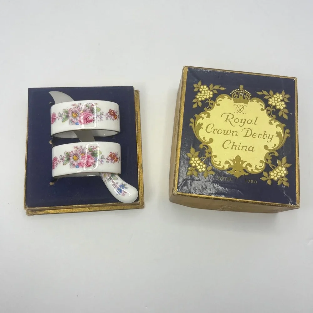 Royal Crown Derby Napkin Ring Spreader Set Cottage Posies Pink Rose Bone China